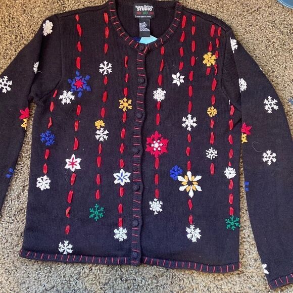 VTG Holiday Party Snow Flakes Snowmen Cardigan Ugly Christmas Sweater by Segue H - Picture 6 of 8